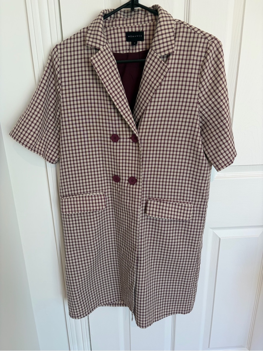 WOMANCE Burgundy Check Short-Sleeve Double-Breasted Blazer